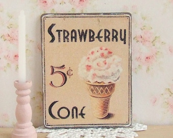 Dollhouse Miniature, Strawberry Ice Cream Sign, Dessert Plaque, Food Picture, Diner Decor, Dolls House. Shabby Cottage Chic, 1:12th Scale