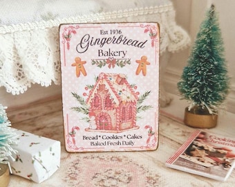 Miniatura de casa de muñecas, letrero de panadería de jengibre, imagen de galletas navideñas, placa rosa, decoración para casa de muñecas, estilo rústico shabby chic, escala 1:12