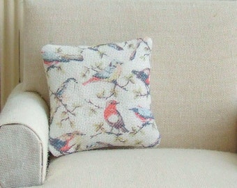 Dollhouse Miniature, Garden Birds Cushion, Dolls House Pillow, Wildlife Decor, Soft Furnishings, Shabby Cottage Chic, 1:12th Scale