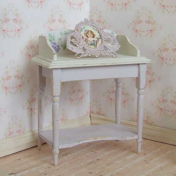 REDUCED, Dollhouse Miniature, Wooden Washstand, Dressing Table, Lilac and Ivory, Dolls House Furniture, Shabby Cottage Chic, 1:12th Scale
