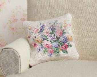 Dollhouse Miniature, Floral Bouquet Cushion, Dolls House Pillow, Country Home Decor, Bedroom Accessories, Shabby Cottage Chic, 1:12th Scale