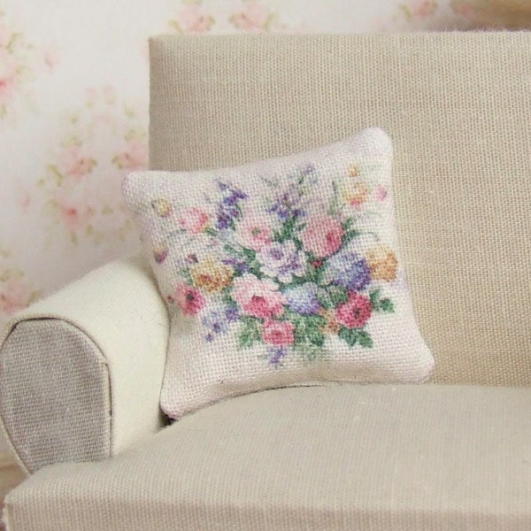 Dollhouse Miniature, Floral Bouquet Cushion, Dolls House Pillow, Soft Furnishings, Shabby Cottage Chic, Vintage Flower Style, 1:12th Scale