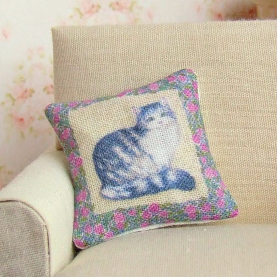 Dollhouse Miniature, Tabby Cat Cushion, Dolls House Pillow, Floral Home Decor, Kitten Print, Purple Roses, Shabby Cottage Chic, 1:12th Scale