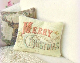 Dollhouse Miniature, Merry Christmas Cushion, Dolls house Pillow, Christmas Decor, Festive Decorations, Shabby Cottage Chic, 1:12th Scale