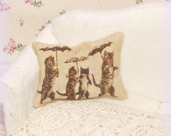 Dollhouse Miniature, Raining Cats Cushion, Dolls house Pillow, Cat Home Decor, Vintage Style, Shabby Cottage Chic, 1:12th Scale