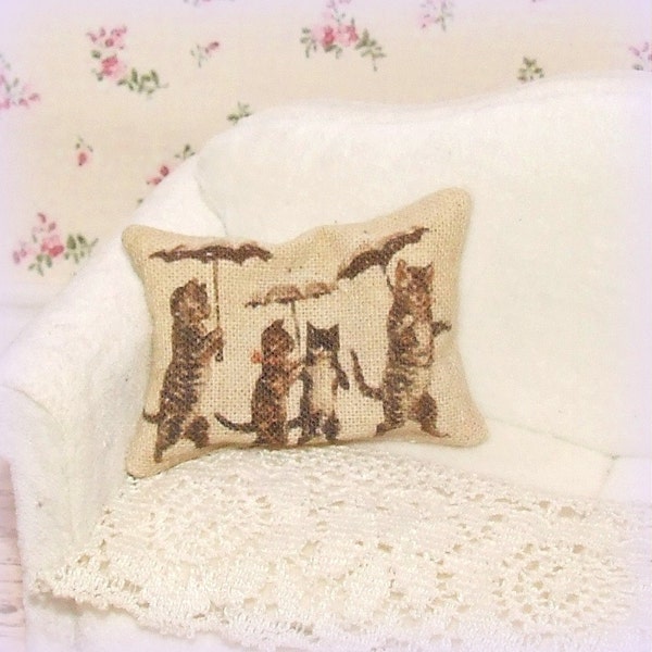 Dollhouse Miniature, Raining Cats Cushion, Dolls house Pillow, Cat Home Decor, Vintage Inspired, Shabby Cottage Chic, 1:12th Scale