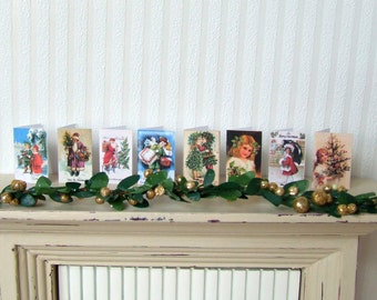 Dollhouse Miniature, Christmas Cards, Pack of 8, Victorian Style, Festive Decorations, Dolls House, Shabby Cottage Chic, 1:12th Scale