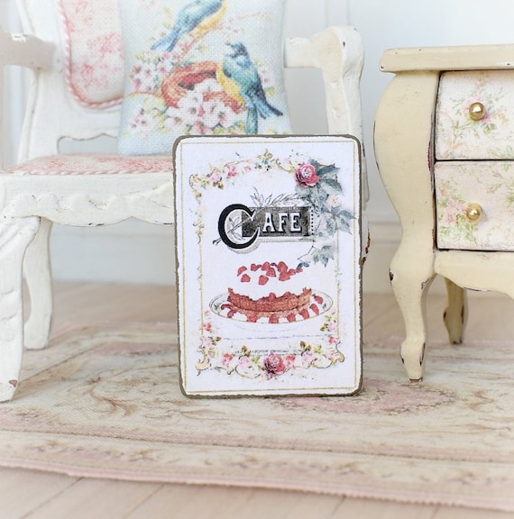 Dollhouse Miniature, Cafe Sign, Cake Shop Plaque, Floral Picture, Patisserie Decor, Bakery Sign, Shabby Cottage Chic, 1:12th Scale