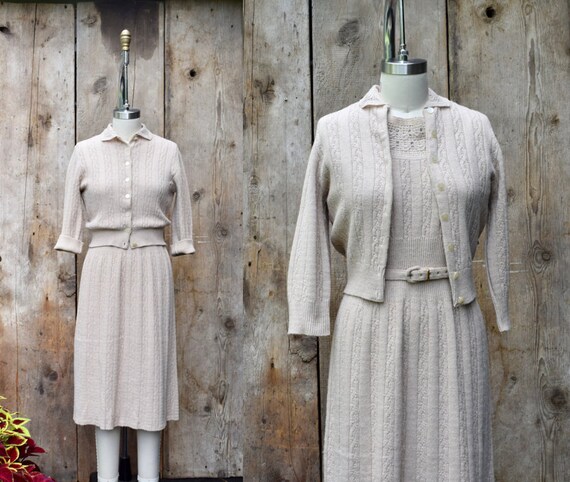 vintage 1950s knit dress set + 50s two piece dress