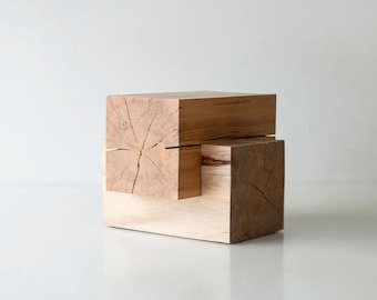 Wood beam end table known as the Tetris, great for living rooms or outdoor