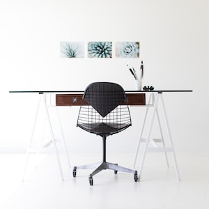 mid century modern desk, walnut desk, glass top table, with steel frame, home furniture