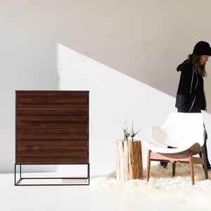 Pu&ograve; includere: Una moderna cassettiera in legno con cinque cassetti, contro un muro bianco. La cassettiera ha una finitura marrone scuro e una base in metallo nero. Sono presenti anche una sedia bianca con gambe in legno e un tavolino in legno.