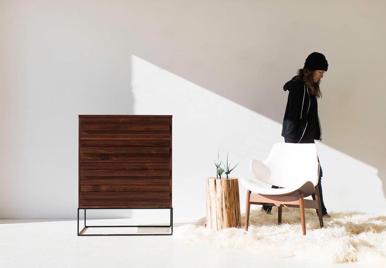 Pu&ograve; includere: Una moderna cassettiera in legno con cinque cassetti, contro un muro bianco. La cassettiera ha una finitura marrone scuro e una base in metallo nero. Sono presenti anche una sedia bianca con gambe in legno e un tavolino in legno.