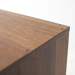Pu&ograve; includere: Primo piano di un angolo di un mobile in legno. Il mobile &egrave; realizzato in legno marrone scuro con venature visibili ed &egrave; unito con piccoli tasselli di colore scuro. Lo sfondo &egrave; bianco.