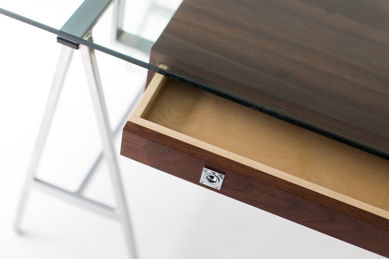 modern desk, walnut modern desk, modern glass desk, walnut desk, glass top desk image 3