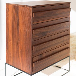 Pu&ograve; includere: Una cassettiera in legno scuro con cinque cassetti, posta su una struttura in metallo nero. La venatura del legno &egrave; visibile, mostrando un colore marrone caldo e ricco. I cassetti hanno un design minimalista. Una soluzione di archiviazione moderna.