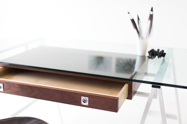 Mid Century Modern Desk Walnut Desk Glass Top Table With - Etsy