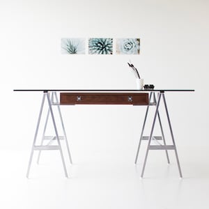 modern desk, walnut modern desk, modern glass desk, walnut desk, glass top desk image 1