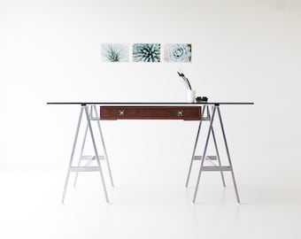 modern desk, walnut modern desk, modern glass desk, walnut desk, glass top desk