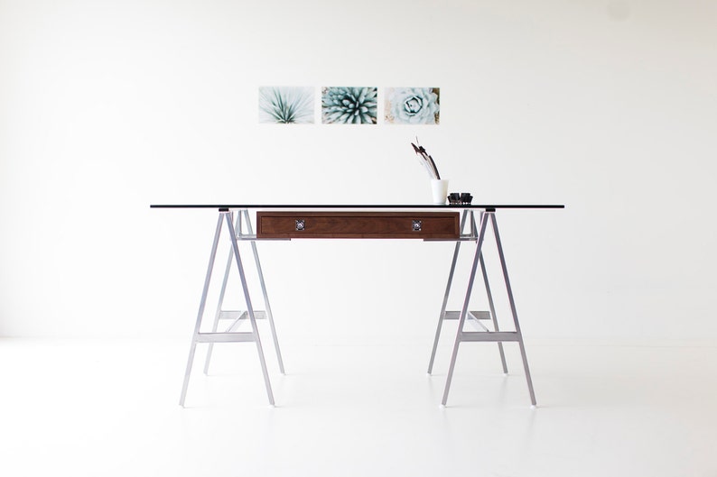 modern desk, walnut modern desk, modern glass desk, walnut desk, glass top desk image 1