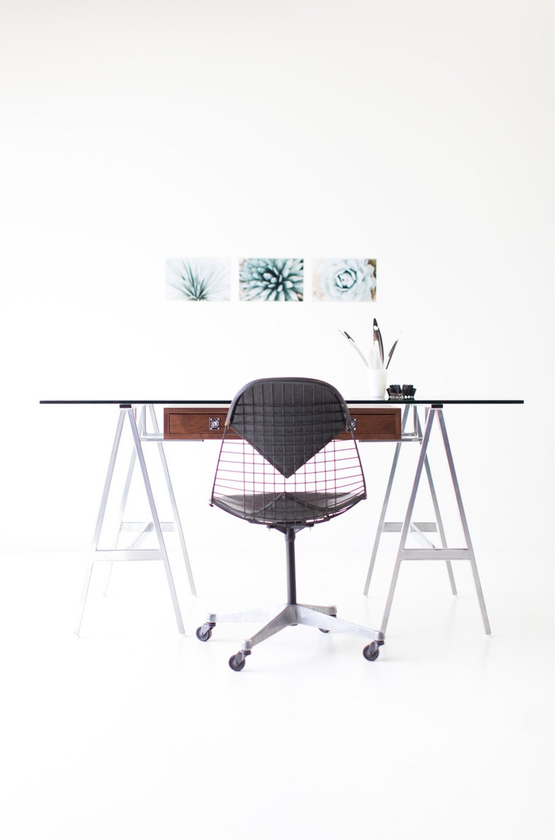 modern desk, walnut modern desk, modern glass desk, walnut desk, glass top desk image 5