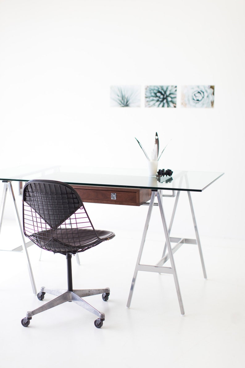 modern desk, walnut modern desk, modern glass desk, walnut desk, glass top desk image 2