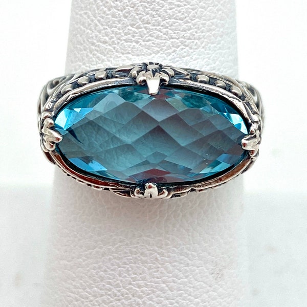 Sterling Silver Wide Oval Blue Topaz Bali Ring