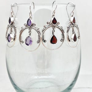 Sterling Silver Amethyst or Garnet Round Bali Dangle Earrings