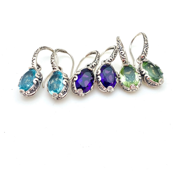 Sterling Silver Oval Green Amethyst, Blue Topaz or Amethyst Bali Drop Earrings