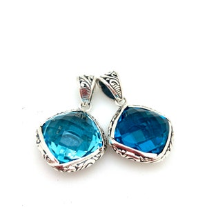 Sterling Silver Square London Blue or Blue Topaz Bali Pendant