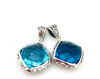 Sterling Silver Square London Blue or Blue Topaz Bali Pendant