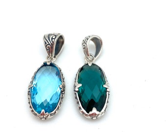 Sterling Silver Oval Blue Topaz or Green Quartz Pendant