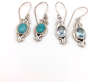 Sterling Silver Blue Topaz or Turquoise Fancy Earrings