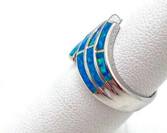 Sterling Silver Criss-Cross Woven Band Ring With Simulated Blue Opal - Size 8 - View #4