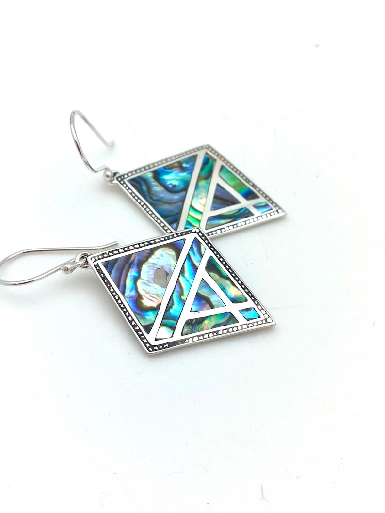 Sterling Silver Diamond-shaped Abalone or Mother of Pearl Bali Dangle Earrings