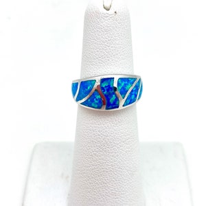 May include: A silver ring with a blue opal inlay. The opal is set in a silver band and has a swirling pattern.