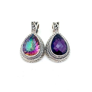 Sterling Silver Pear-Shaped Mystic Topaz or Amethyst Bali Pendant/Enhancer