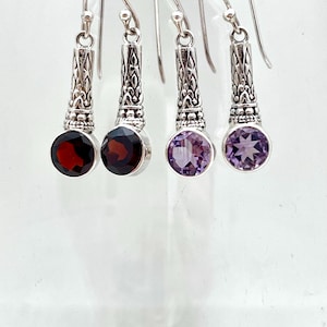 Sterling Silver Round Amethyst or Garnet Bali Dangle Earrings