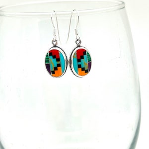 Sterling Silver Oval Inlay Navajo Dangle Earrings