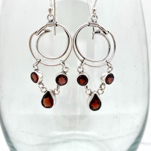 Sterling Silver Garnet Chandelier Bali Earrings