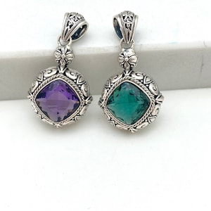 Sterling Silver Green Quartz or Amethyst Bali Pendant