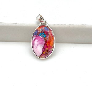 Sterling Silver Oval Pink Dahlia and Spiny Oyster Kingman Turquoise Pendant