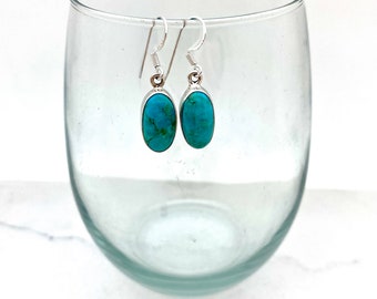 Sterling Silver Long Oval Kingman Turquoise Dangle Earrings