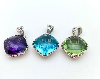 Sterling Silver Square Checkerboard Cut Amethyst, Blue Topaz or Green Amethyst Bali Pendant