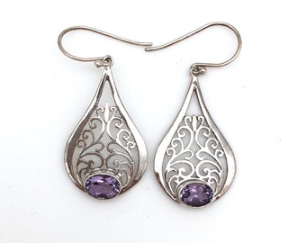 Sterling Silver Filigree Earrings with Amethyst
