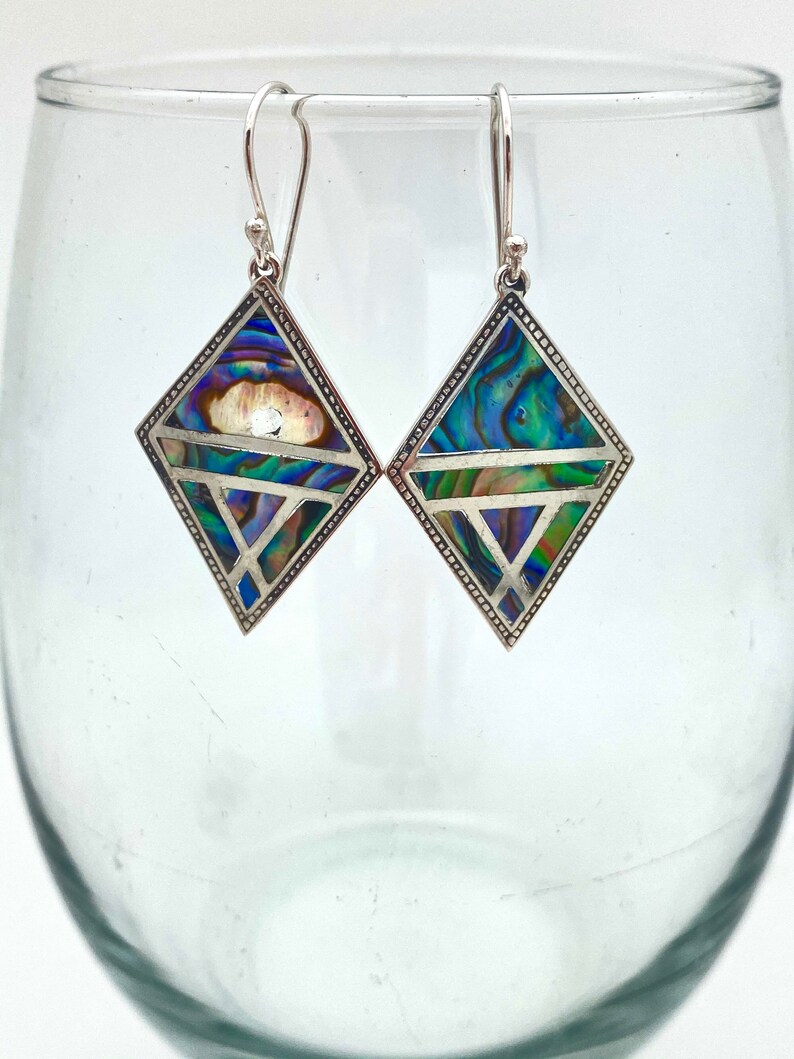 Sterling Silver Diamond-shaped Abalone or Mother of Pearl Bali Dangle Earrings