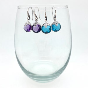 Sterling Silver Wide Pear-Shaped Checkerboard Cut London Blue Topaz or Amethyst Bali Dangle Earrings