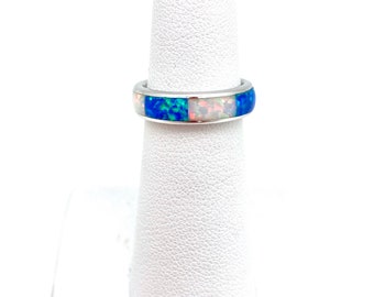 Sterling Silver Blue and White Opal Band