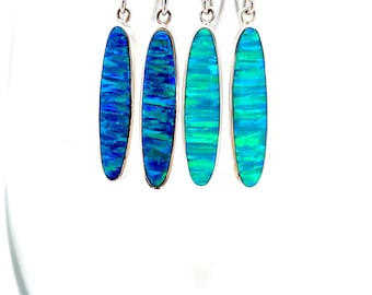 Sterling Silver Long Oblong Opal Dangle Earrings