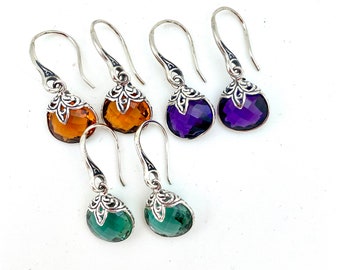 Sterling Silver Citrine, Amethyst or Green Quartz Bali Dangle Earrings